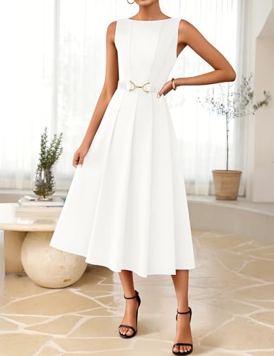 Image of ZESICA Women Summer Sleeveless Midi Dresses 2026 Elegant Boat Neck A Line Tie Waist Spring Cocktail Party Dress
