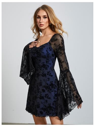 Image of WDIRARA Women's Floral Jacquard Mesh Gothic Dress Bell Long Sleeve A Line Vintage Dresses | Mesh fabric, A-line, vintage