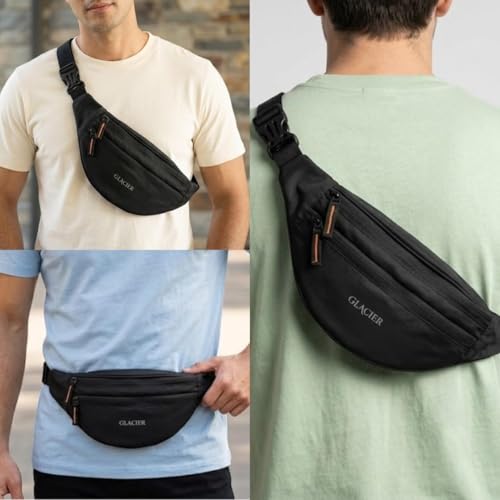 Image of GLACIER Men's & Women's Waist Bag /Fanny Pack | Stylish Crossbody Sling for Travel & Daily Use | Multi-Compartment Lightweight Waist Pouch with Adjustable Strap for Outdoor, Walking & Casual Wear