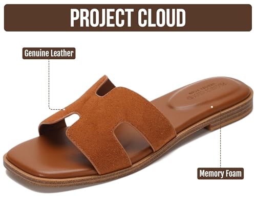 Image of Project Cloud 100% Genuine Leather Sandals for Women 2026 - Fashion Flat Womens Sandals with Memory Foam Insole Slides Sandals Women Footwear - Mules Women's Sandals (Jannel)