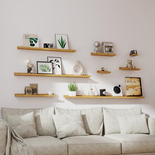 Image of Small Oak Floating Shelves for Wall, Shelf with Lip Set of 2, 8 in | Mini Display Ledge Shelf for Wall Decor, Wall Mounted Wood Shelves for Bedroom, Bathroom, Living Room, Kitchen, Nursery Room