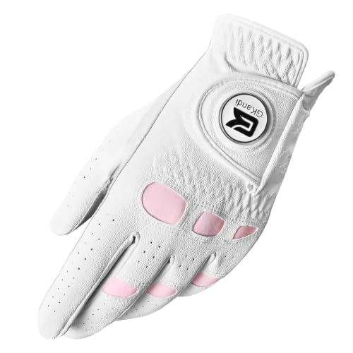 GKandi Women Golf Gloves Premium Leather with Magnetic Ball Marker Left Right Hand 1 Pack Extra Grip for Ladies Comfortable Durable Size Small Medium Large (Pink Medium (Worn On Left Hand))