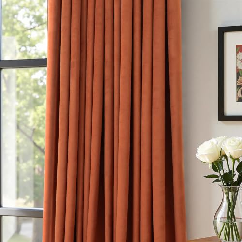 Image of Terracotta Velvet Curtains 84 Inch Length 2 Panels Set Back Tab Luxury Boho Blackout Curtain for Living Room Bedroom Thermal Insulated Soft Window Drapes Brick Rust Orange Bohemian Fall Decor 7FT Long