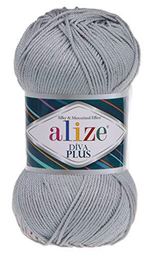 AlizeDiva Plus 100% Microfiber Acrylic Silk and Mercerized Effect 3 DK & Light Worsted Yarn 1 Ball Skein 100gr 240 yds Color (21-Grey)