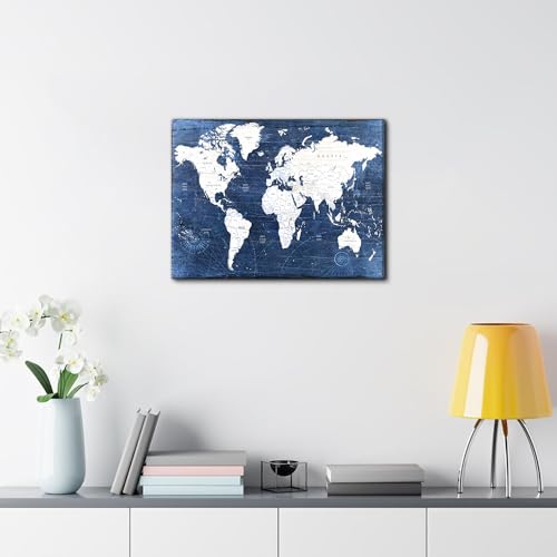 Image of World Map Canvas Wall Art Modern Office Pictures Decorations World Maps for Living Room Wall Decor Retro Map of World Poster Navy Blue Painting Artwork Framed Home Study Bedroom Decoration 12x16 inch