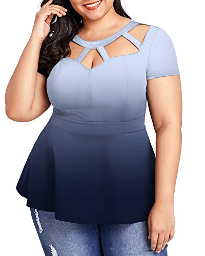 LALAGEN Women Plus Size Short Sleeve Flare Peplum Blouse Top Gardient Navy XXL