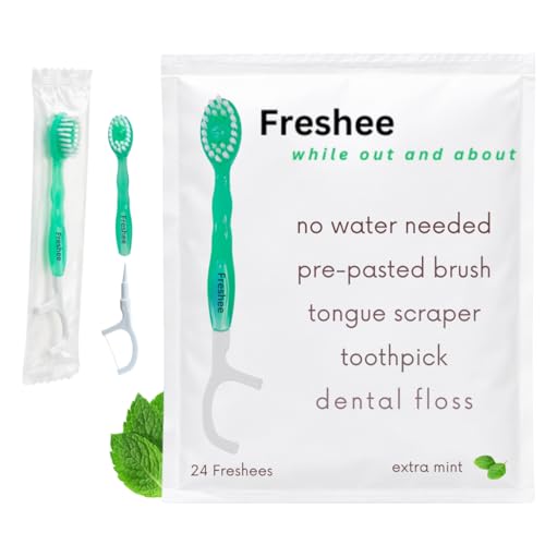 Freshee Bead Disposable Toothbrushes with Toothpaste 5 in 1 Mini Toothbrush with Floss Pick Tongue Scraper | No Water Needed | Individually Wrapped Prepasted Travel Toothbrush | Extra Mint