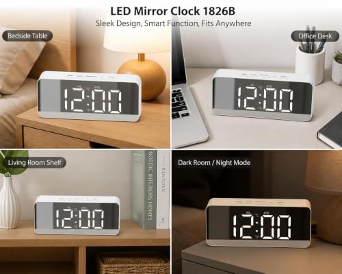 Image of Digital Alarm Clock, LED Mirror Display, Pink, Snooze Function, Adjustable Brightness, USB or Battery Operated, Night Mode