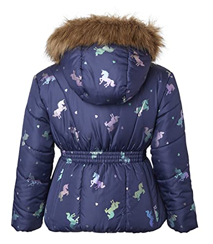 Sportoli Girl Winter Dot Heart Foil Print Puffer Jacket Coat Faux Fur Trim Hood - Navy Multi Unicorn (Size 5-6)4