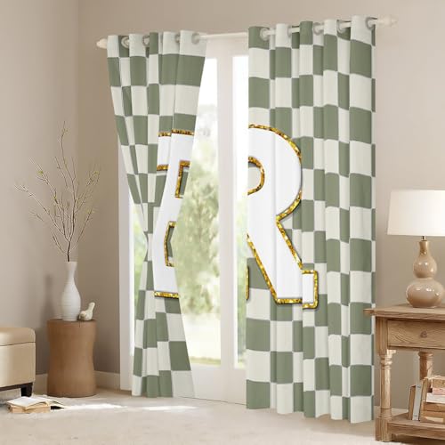 Image of Erosebridal Sage Green Checkered Window Drapes Plaid Initial R Blackout Curtains 42 inch Wx84 L Personalized Monogram Curtains for Bedroom Living Room,Grids Gingham Window Treatments 2 Panels