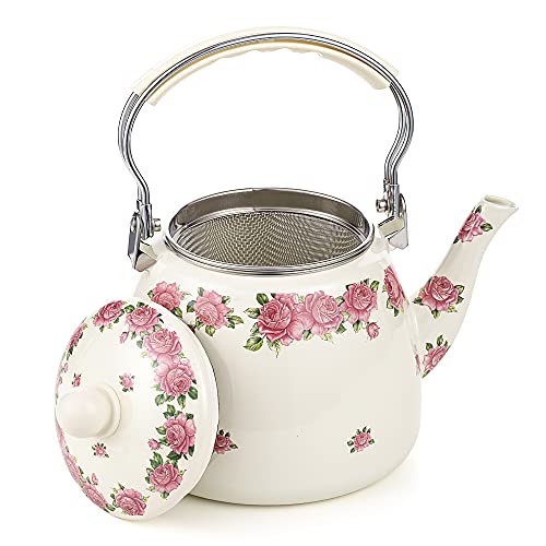 Tea Kettle Pot for Stove Top,Porcelain Large Enamel Teakettle,3.3L Colorful Teapot Floral Ceramic for Stovetop,Retro Classic Design