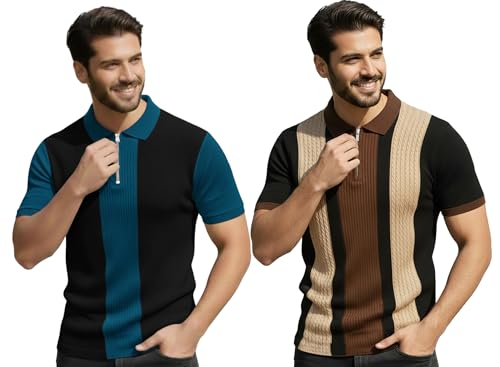 Image of AUSK Men's Textured Vertical Striped Knit Polo T-Shirt | Half Sleeve Zipper Neck Self-Design Casual Tee | Mens Tshirts