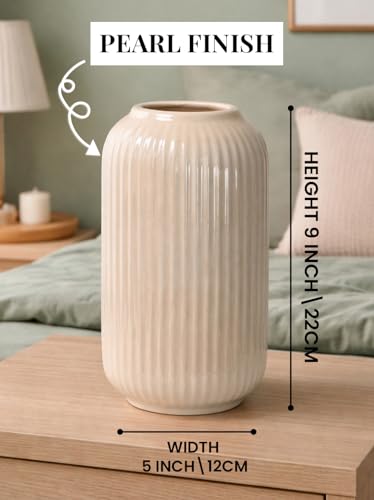 Image of Art Street Modern Ribbed Ceramic Flower Vase | Pearl White Decorative Boho Vase for Living Room, Bedroom & Office Dcor - (Flower not Included) 5x9 Inch
