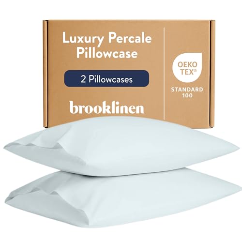 Brooklinen Luxury Percale Pillowcase Set of 2 – 100% Cotton Pillow Cases Breathable Weave, Machine Washable - Durable & Soft Pillowcases for Everyday Comfort, Pillow Covers for Standard Size (Sky)