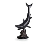 Bey-Berk B209 Brass Predator Shark Sculpture on Wood Base, Brown