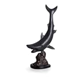 Bey-Berk B209 Brass Predator Shark Sculpture on Wood Base&comma; Brown