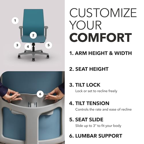Image of HON Ignition 2.0 Mid‑Back Ergonomic Office Chair, Mesh Task Desk Chair with Lumbar Support, Standard Synchro‑Tilt, Height and Width Adjustable Arms, Titanium Frame, Sky
