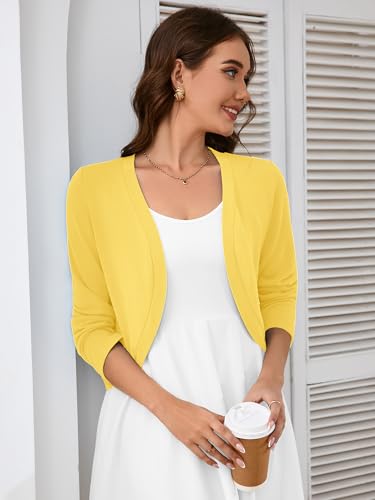 Heymoments Women's Long Sleeve Thin Shrugs for Dresses Yellow X-Large Open Front Knit Lightweight Coat Cropped Tops Shawls and Wraps Cardigan Dressy Sweater Clothes — view 2