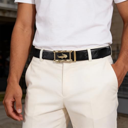 Image of Barry.Wang Mens Belt Ratchet Click Belt 1 3 /8 Genuine Leather Slide Buckle Adjustable for Dress Casual Jeans Trim to Fit