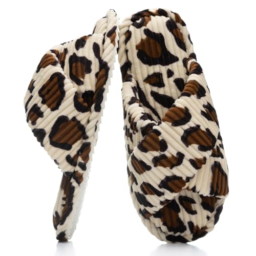 GOEWY House Slippers for Women Fuzzy Womens Slippers Indoor Outdoor Open Toe With Cross Band Corduroy Memory Foam Warm Gifts for Woman Size 11 12 Leopard Beige