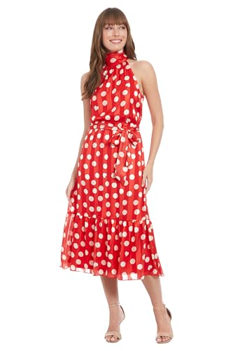 London Times Women's Elastic Waist Halter Dress with Tier and Sash