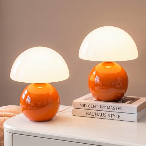 Image of Dawnwake Mushroom Lamp Table Lamps Set of 2 for Bedroom Living Room,Orange | 8.7 inch Mid Century Modern Small Desk Table Lamps for Living Room Bedroom Decor,Ceramic Lamps for Home Room Decor,Glass Shade