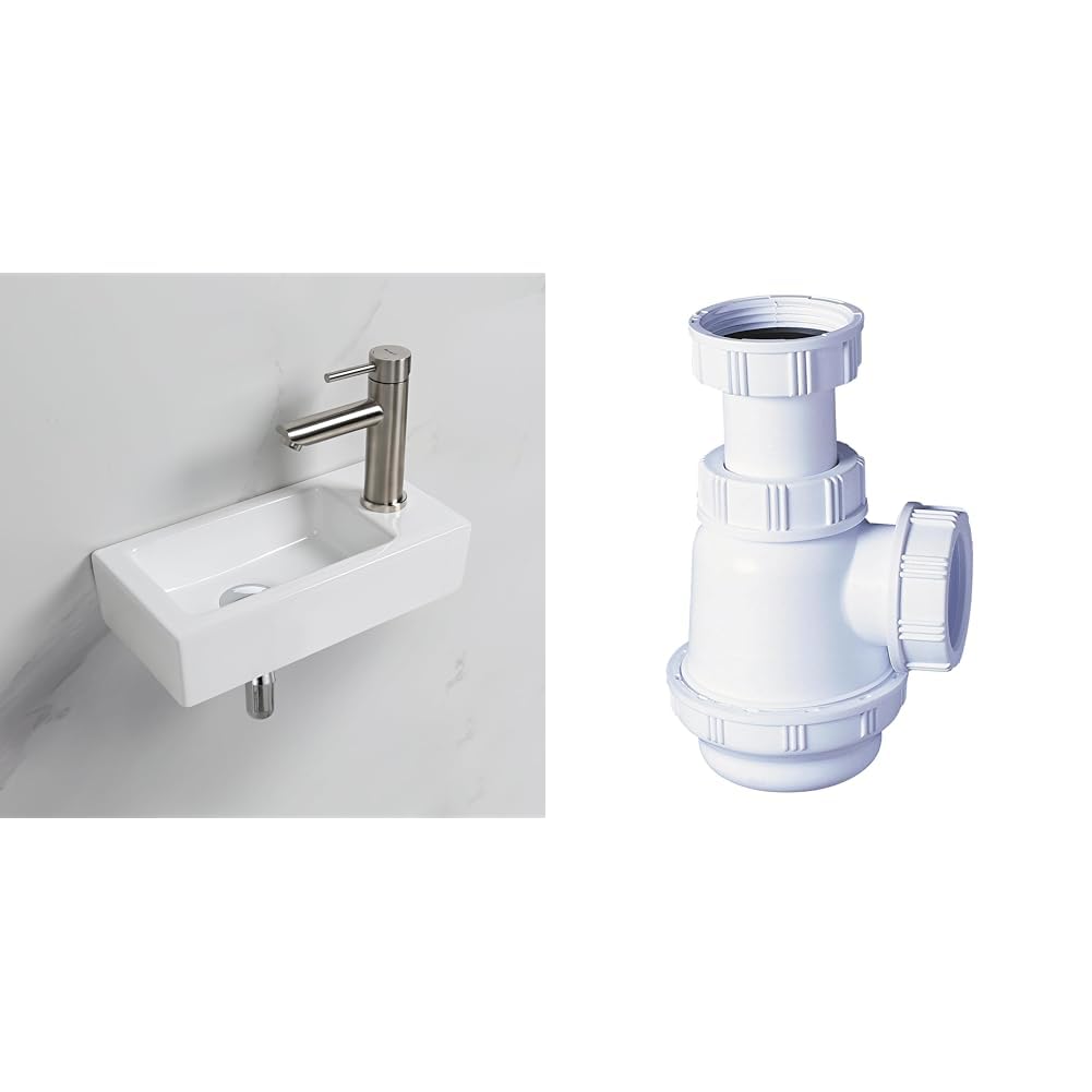 Ibergrif M41102-R, Lavabo Lave Main Blanc Rectangulaire en Céramique Suspendu pour Salle de Bains et WC & Wirquin SP3178 Siphon de lavabo et lave-mains à culot court, blanc