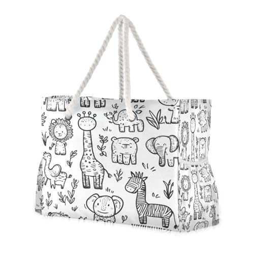 Doodle Animal (1) Beach Bag & Travel Tote Bag Large Sandproof with Zipper Closure, Wet Pouch for Swim Gym Travel, Lightweight Foldable Outdoor Bag