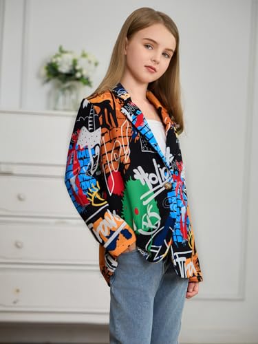 WDIRARA Girl's Graffiti Print Button Down Suit Blazer Lapel Neck Long Sleeve Casual Jacket4