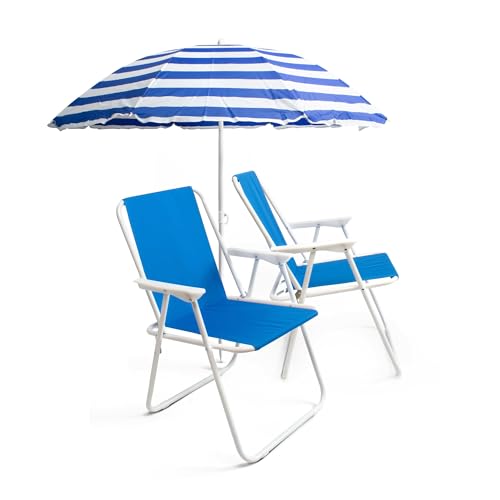 THE SECRET HOME - Pack de Sombrilla y Dos Sillas de Playa Plegables - Ideal para Playa y Piscina - Sombrilla y Sillas de Aluminio y Revestimiento de Tela (Pack 1)