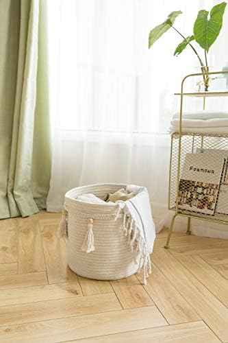 Mkono Macrame Decorative Cotton Rope Basket Boho Cute Woven Tassel Closet Storage Bins Organizer for Nursery,Baby Toys,Magazines, Potted Plants Cover,Living Room,Bedroom,Home Decor 11"x11",Small