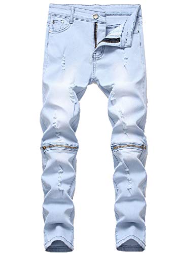 Boy s Light Blue Ripped Distressed Skinny Fit Knee Zipper Stretch Slim Denim Jeans Pants