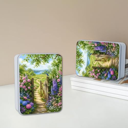 Image of Decorative Metal Tin Box with Lid,Bluebird Pathway Organizer