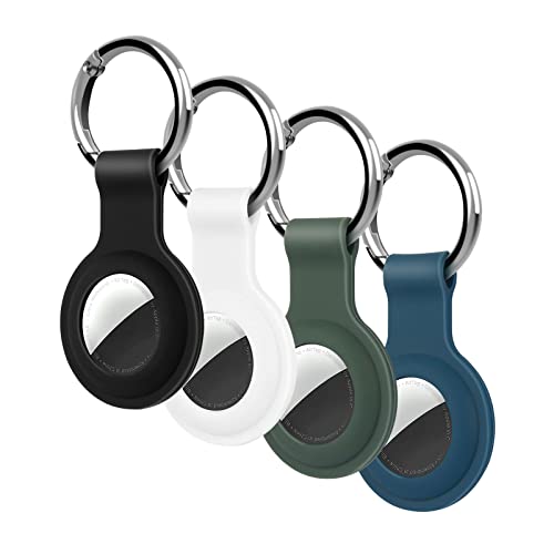 4 Stück KOKOKA Schutzhülle Kompatibel mit Airtag, Silikon Airtag Hülle Halter Case Tracker mit Keyring für Schlüssel,Koffer,Taschen,Rucksäcken,Haustierhalsbändern,Black White Dark Green Midnight Blue Cover