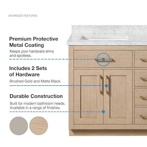 Image of OVE Decors Athea 36 in. Single Sink Freestanding Sahara Birch Bathroom Vanity with White Engineered Marble Top, Matching Backsplash, Power Bar and Brushed Gold Hardware