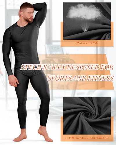 Hicarer 4 Set Men's Workout Compression Shirts Pants Set Long Sleeve Winter Thermal Underwear Base Layer Top Bottom3