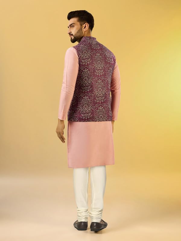 Image of KISAH Men Printed Kurta Jacket Set, Full Sleaves, Knee Length, Straight, Regular Fit, Mandarin Collar Ethnic Wear