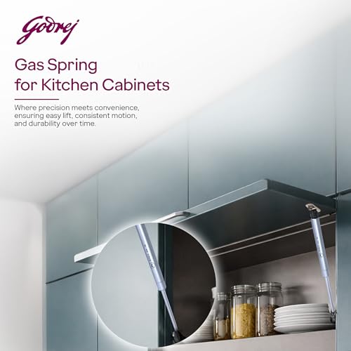 Image of Godrej Kitchen Fittings | Regular Hydraulic Gas Spring | 60N | for Kitchen Cabinets | High-Strength Steel with Chrome Plating | Multi-Angle Install | Hands-Free Door Support | Metal Clips(1 Pair)