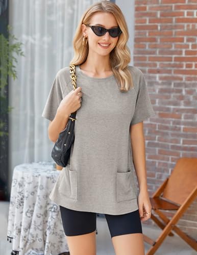 Image of Ekouaer Two Piece Sets for Women Summer Outfits 2026 Lounge Set Crew Neck Tshirts Biker Short Sweatsuit with Pocket