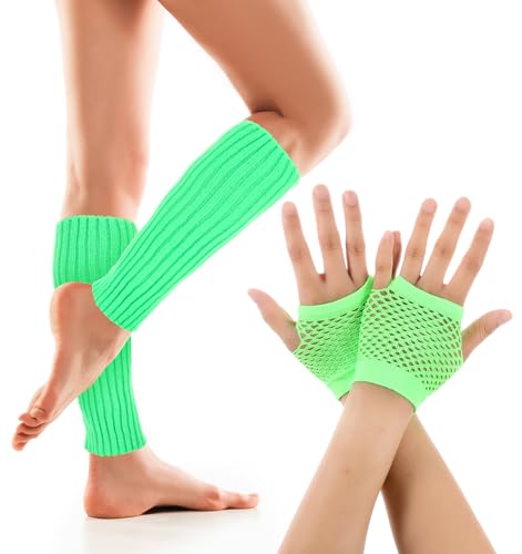 Neon Leg Warmers and Fishnet Gloves Set - Leg Warmers 80s, Women Fashion Knit Leg Warmers for Women, 80s Stretchy Dance Party Accessories for Women