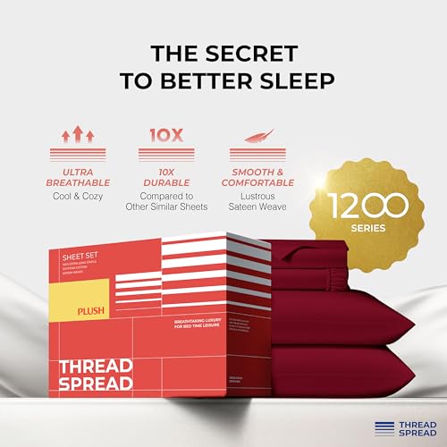 Image of THREAD SPREAD 100% Egyptian Cotton Queen Sheets Set - 1200 Series Plush Collection Luxury Egyptian Cotton Sheets Queen Size Deep Pocket (4 PC, Burgundy), Soft, Cooling, Sateen Weave Sheet Set