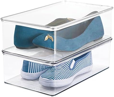 mDesign Wardrobe Storage Box  Stackable Plastic Box with Lid  Versatile Clothes Storage for the Bedroom  Grey