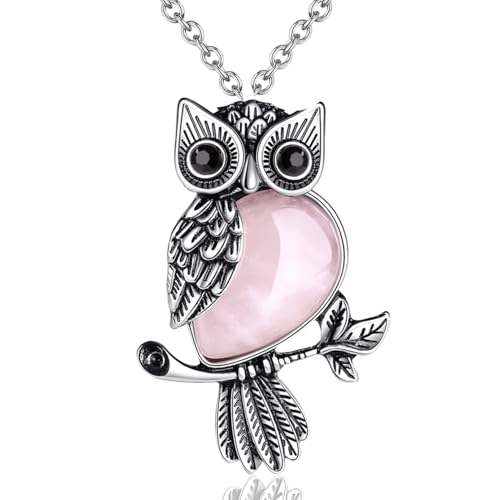 Sahoottie Rose Quartz Crystal Owl Necklace Owl Gifts for Women Men Natural Pink Crystal and Gemstone Pendant Necklace Silver Jewellery for Women Christmas Valentine's Pink Gift