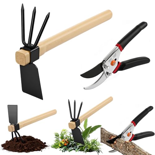Lanties 2 Pcs Garden Tools Hoe and Cultivator Garden Rake Bypass Pruning Shears 5/8-Inch Cut Capacity Clippers Gardening Scissors 2-In-1 Heavy Duty Gardening Hand Tools for Digging Weeding Cultivating