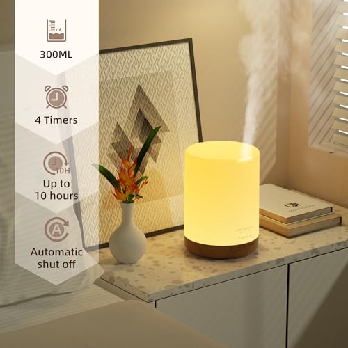 ASAKUKI 300ml Essential Oil Diffuser, Ultrasonic Aromatherapy Scented Humidifier for Bedroom,Baby Room,Spa with 7 LED Color Lights and Auto Shut-Off, BPA-Free- Yellow Wood Grain - Image 3