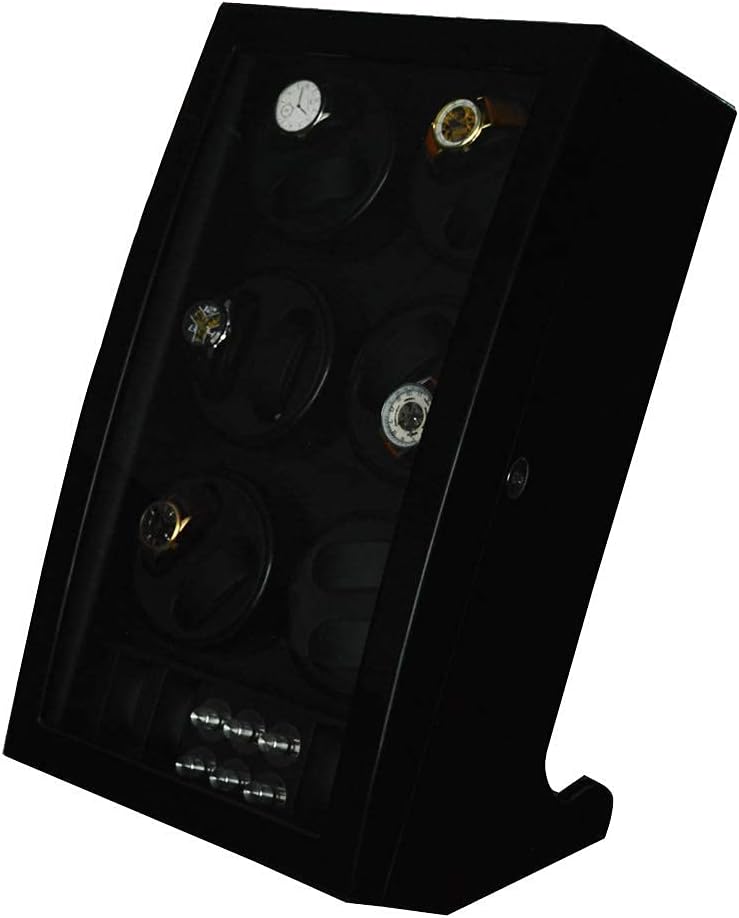 Luxury Automatic Watch Winder Display Box Case 12+4 Storage Leather with 6 Mode Timer Function [Wood Shell + Leather Pillow + Piano Paint + Tempered Glass] Safety Lock & Key (Full Black)