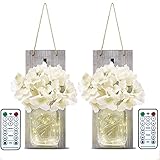 LED Lichterkette - EAAERR 2 Stück Rustikale Hölzerne mit künstlicher Blume Holz - Vintage Mason Jar Wandleuchten Licht für Hochzeits, Schlafzimmer, wanddeko, balkon Dekoration(grau)