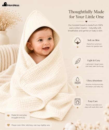 Image of Baby Hooded Bath Towel 100% Cotton Muslin 76x76 cm, 0-3Y, Newborn | Breathable, Lightweight,100% Muslin Cotton