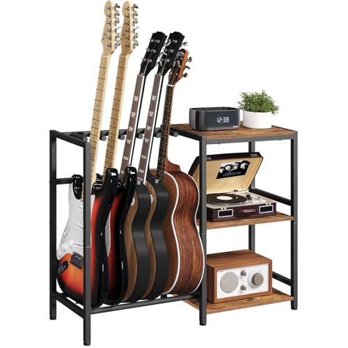 MAHANCRIS Guitar Stand, Guitar Holder for 4-5 String Instruments, Suitable for Acoustic Guitar, Bass, Guitar Rack with Side Shelves for Record Player, with Non-Slip Rubber Pads, Rustic Brown GSHR9501