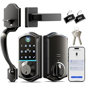 Veise Fingerprint Smart Front Door Lock Set, App Control, Keyless Entry Door Lock with Handle, Smart Deadbolt, Emergency Power Port, Touchscreen Keypad, Auto Locking, Easy Install, Matte Black